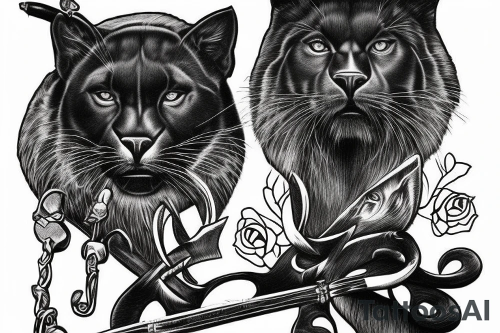 ONE black panthers, designed realistic like the animal, showing full body sitting and holding a shepherd's crook in between its legs tattoo idea