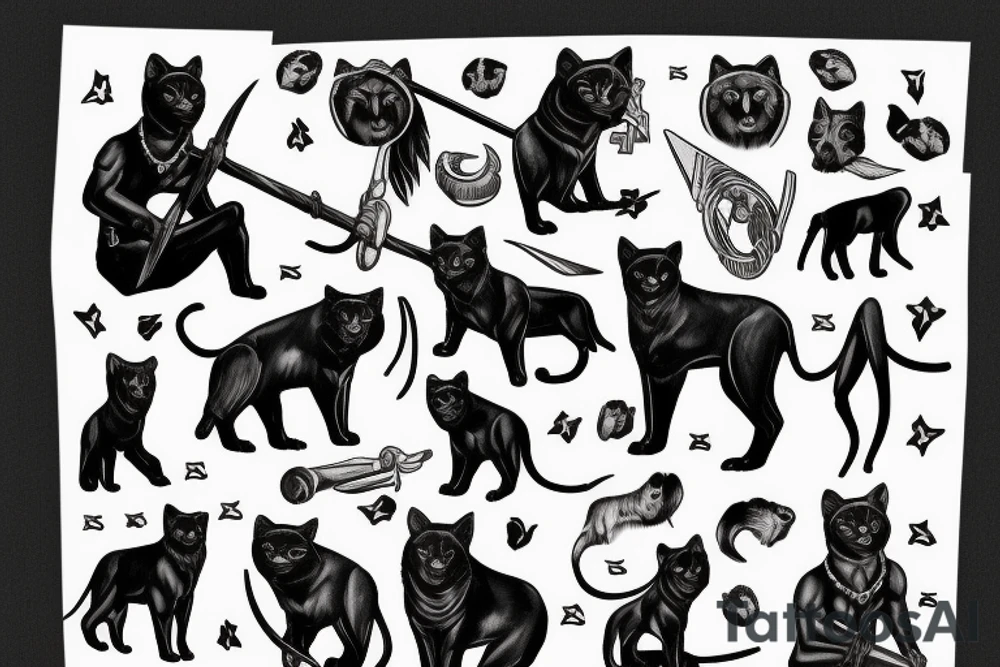 ONE black panthers, designed realistic like the animal, showing full body sitting and holding a shepherd's crook in between its legs tattoo idea