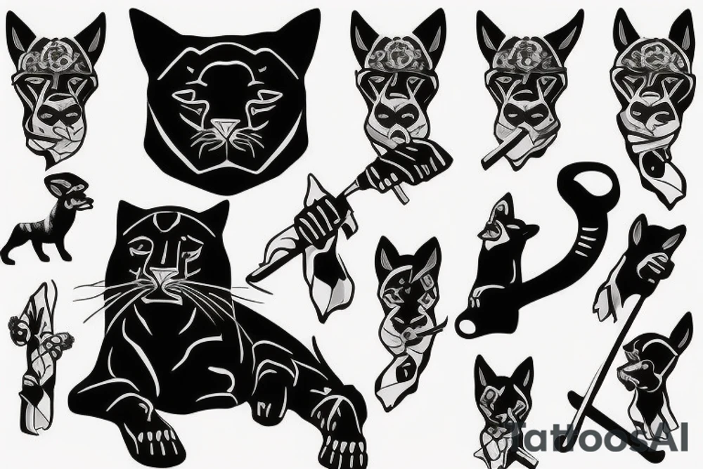 ONE black panthers, designed realistic like the animal, showing full body sitting and holding a shepherd's crook in between its legs tattoo idea