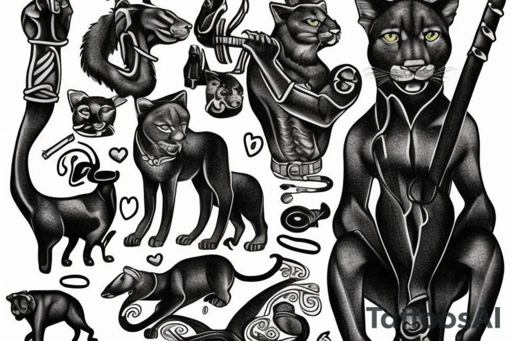 ONE black panthers, designed realistic like the animal, showing full body sitting and holding a shepherd's crook in between its legs tattoo idea