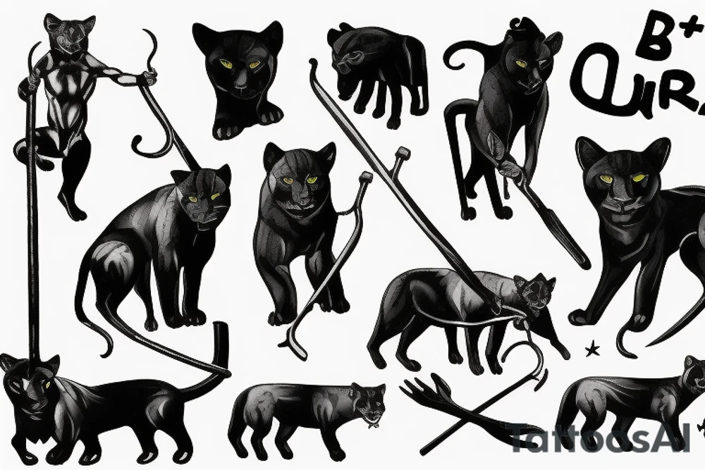 ONE black panthers, designed realistic like the animal, showing full body sitting and holding a shepherd's crook in between its legs tattoo idea