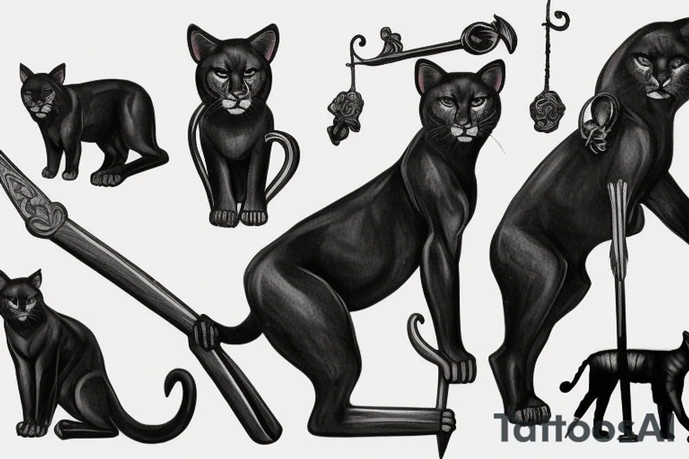 ONE black panthers, designed realistic like the animal, showing full body sitting and holding a shepherd's crook in between its legs tattoo idea
