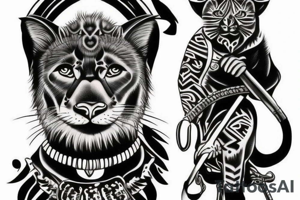 ONE black panthers, designed realistic like the animal, showing full body sitting and holding a shepherd's crook in between its legs tattoo idea