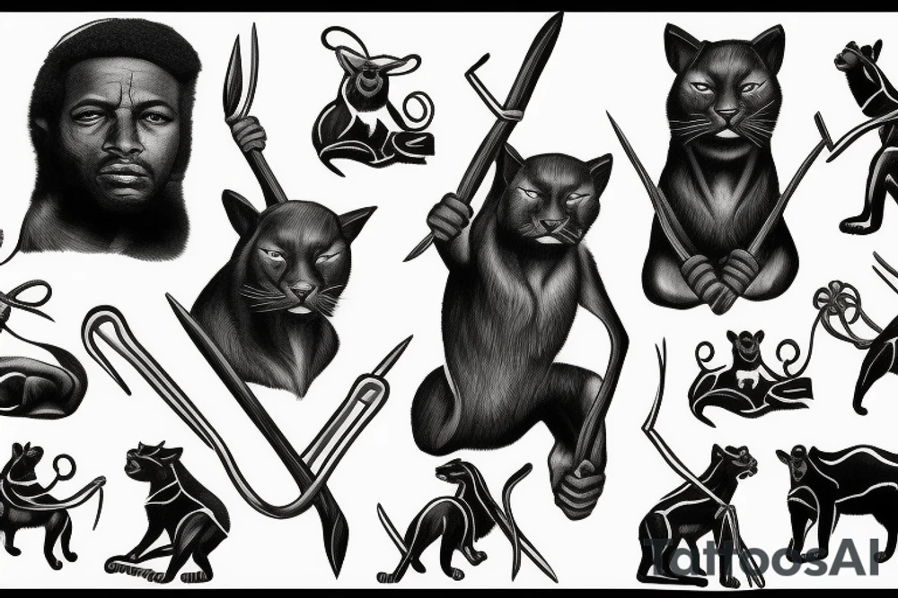 ONE black panthers, designed realistic like the animal, showing full body sitting and holding a shepherd's crook in between its legs tattoo idea