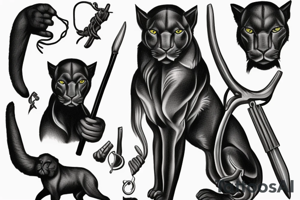 ONE black panthers, designed realistic like the animal, showing full body sitting and holding a shepherd's crook in between its legs tattoo idea