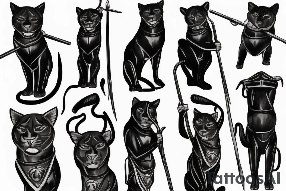 ONE black panthers, designed realistic like the animal, showing full body sitting and holding a shepherd's crook in between its legs tattoo idea