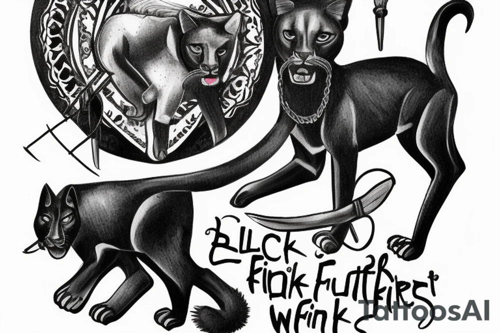 ONE black panthers, designed realistic like the animal, showing full body sitting and holding a shepherd's crook in between its legs tattoo idea