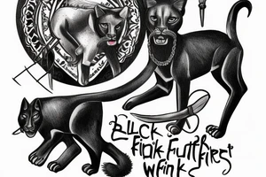 ONE black panthers, designed realistic like the animal, showing full body sitting and holding a shepherd's crook in between its legs tattoo idea