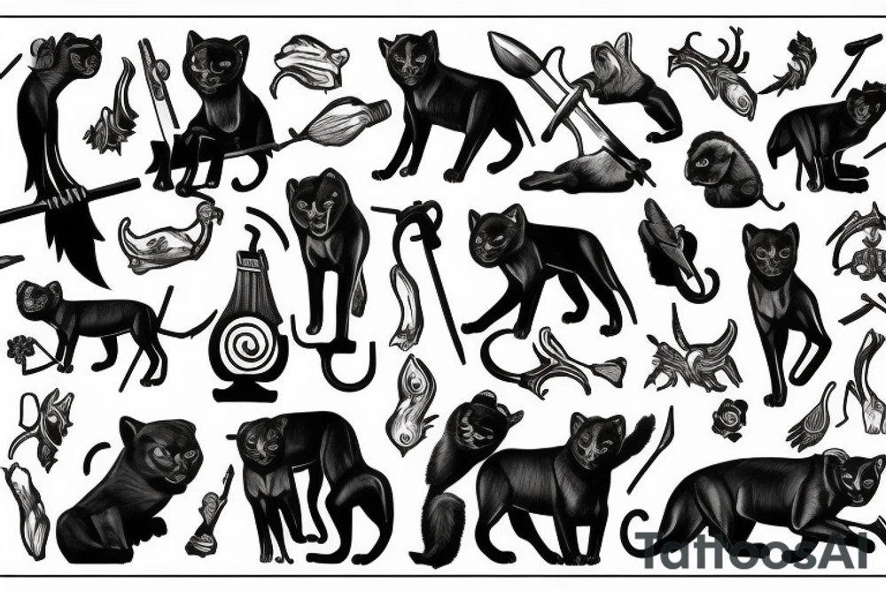 ONE black panthers, designed realistic like the animal, showing full body sitting and holding a shepherd's crook in between its legs tattoo idea