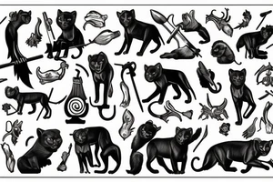 ONE black panthers, designed realistic like the animal, showing full body sitting and holding a shepherd's crook in between its legs tattoo idea