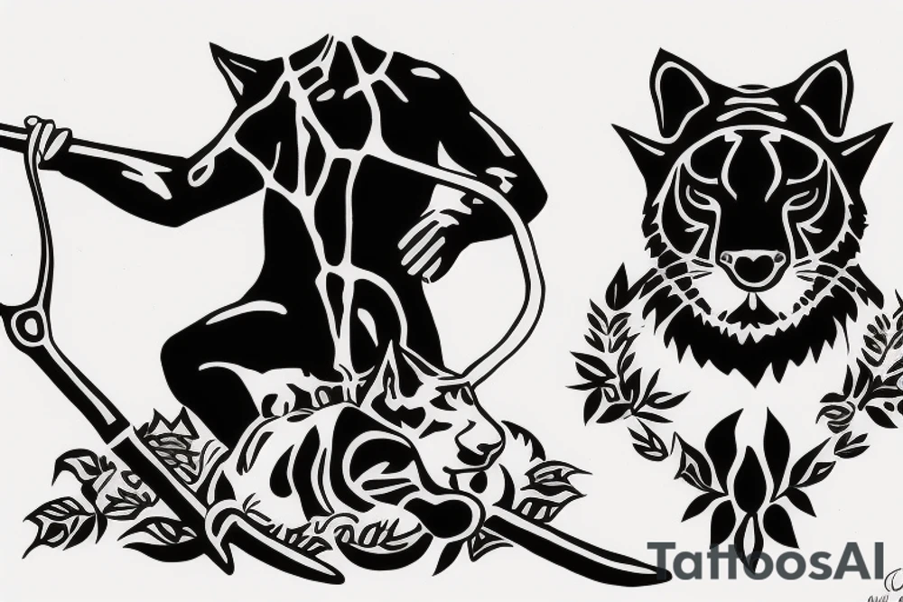ONE black panthers, designed realistic like the animal, showing full body sitting and holding a shepherd's crook in between its legs. tattoo idea
