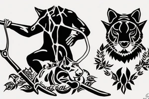 ONE black panthers, designed realistic like the animal, showing full body sitting and holding a shepherd's crook in between its legs. tattoo idea