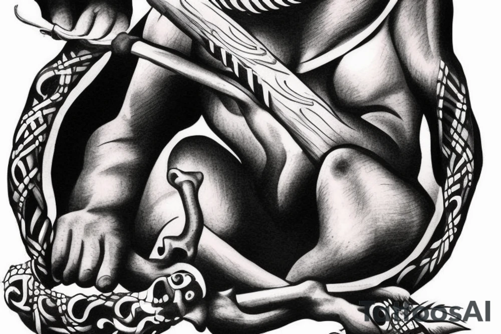 ONE black panthers, designed realistic like the animal, showing full body sitting and holding a shepherd's crook in between its legs. tattoo idea