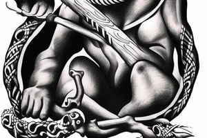 ONE black panthers, designed realistic like the animal, showing full body sitting and holding a shepherd's crook in between its legs. tattoo idea