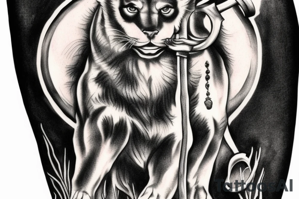 ONE black panthers, designed realistic like the animal, showing full body sitting and holding a shepherd's crook in between its legs. tattoo idea