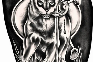 ONE black panthers, designed realistic like the animal, showing full body sitting and holding a shepherd's crook in between its legs. tattoo idea