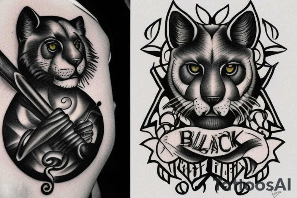 ONE black panthers, designed realistic like the animal, showing full body sitting and holding a shepherd's crook in between its legs. tattoo idea