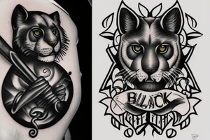 ONE black panthers, designed realistic like the animal, showing full body sitting and holding a shepherd's crook in between its legs. tattoo idea