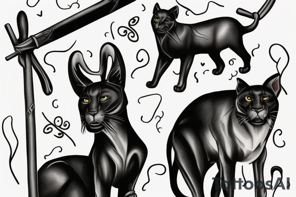 ONE black panthers, designed realistic like the animal, showing full body sitting and holding a shepherd's crook in between its legs. tattoo idea