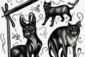 ONE black panthers, designed realistic like the animal, showing full body sitting and holding a shepherd's crook in between its legs. tattoo idea