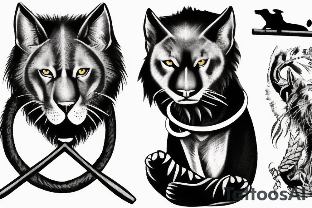 ONE black panthers, designed realistic like the animal, showing full body sitting and holding a shepherd's crook in between its legs. tattoo idea