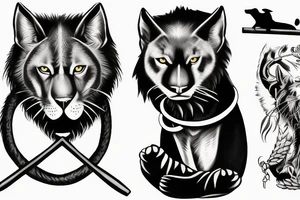 ONE black panthers, designed realistic like the animal, showing full body sitting and holding a shepherd's crook in between its legs. tattoo idea