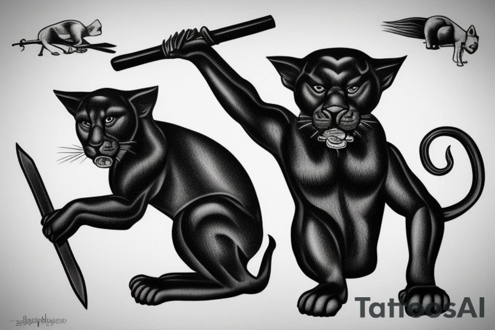 ONE black panthers, designed realistic like the animal, showing full body sitting and holding a shepherd's crook in between its legs. tattoo idea