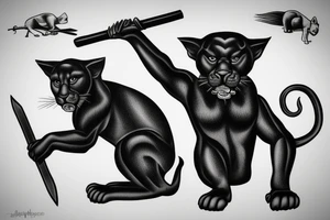 ONE black panthers, designed realistic like the animal, showing full body sitting and holding a shepherd's crook in between its legs. tattoo idea