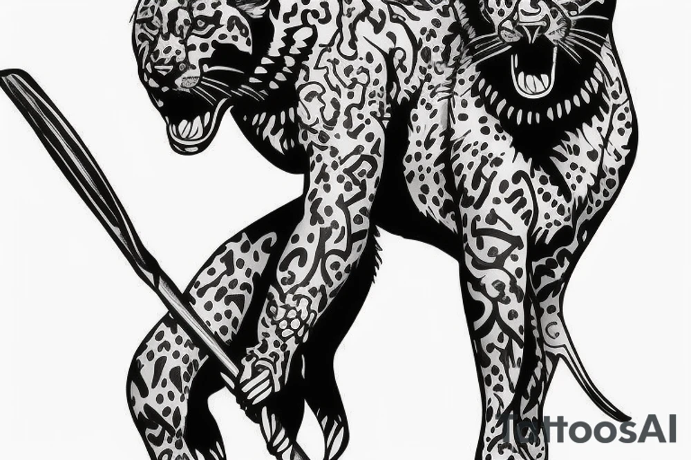 ONE black panthers, designed realistic like the animal, showing full body sitting and holding a shepherd's crook in between its legs. tattoo idea