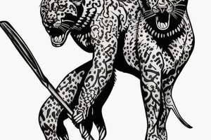 ONE black panthers, designed realistic like the animal, showing full body sitting and holding a shepherd's crook in between its legs. tattoo idea