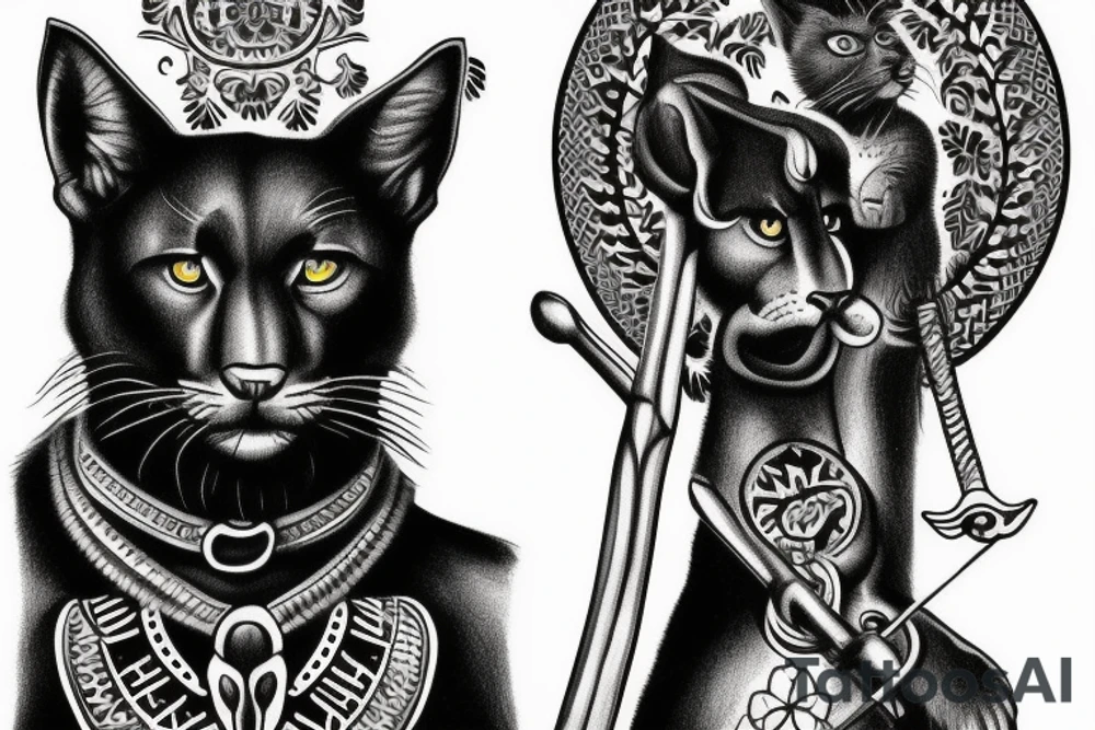 ONE black panthers, designed realistic like the animal, showing full body sitting and holding a shepherd's crook in between its legs. tattoo idea