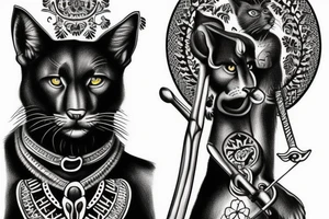 ONE black panthers, designed realistic like the animal, showing full body sitting and holding a shepherd's crook in between its legs. tattoo idea
