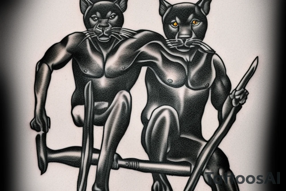 ONE black panthers, designed realistic like the animal, showing full body sitting and holding a shepherd's crook in between its legs. tattoo idea
