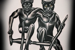 ONE black panthers, designed realistic like the animal, showing full body sitting and holding a shepherd's crook in between its legs. tattoo idea