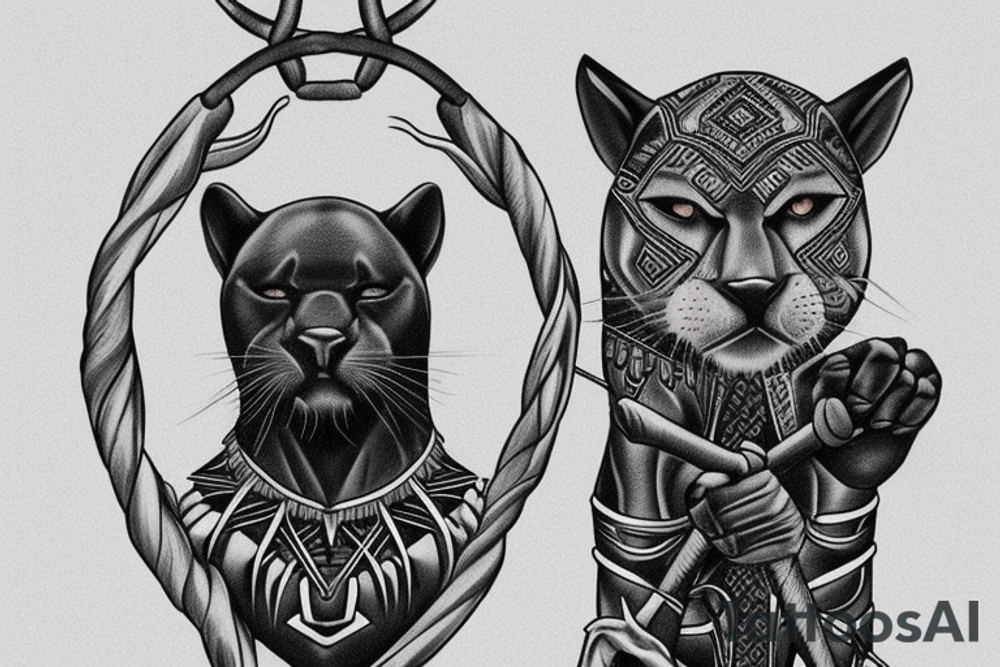 ONE black panther, designed realistic like the animal, showing full body sitting and holding a shepherd's crook in between its legs. tattoo idea