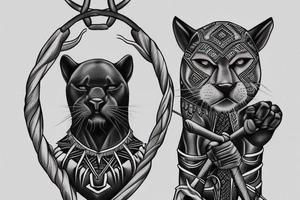 ONE black panther, designed realistic like the animal, showing full body sitting and holding a shepherd's crook in between its legs. tattoo idea