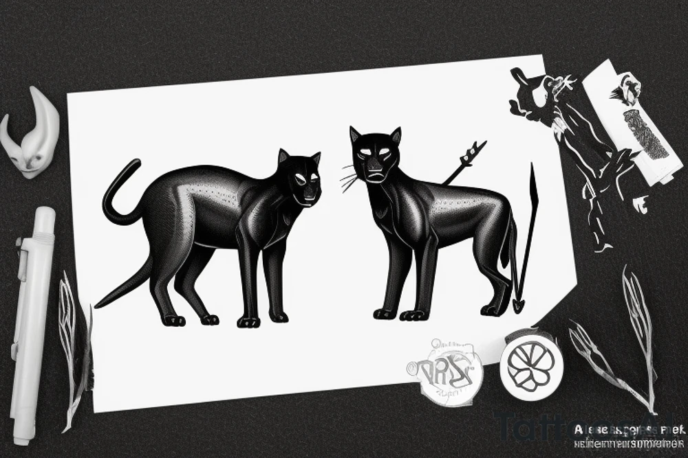 ONE black panther, designed realistic like the animal, showing full body sitting and holding a shepherd's crook in between its legs. tattoo idea