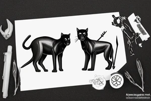 ONE black panther, designed realistic like the animal, showing full body sitting and holding a shepherd's crook in between its legs. tattoo idea