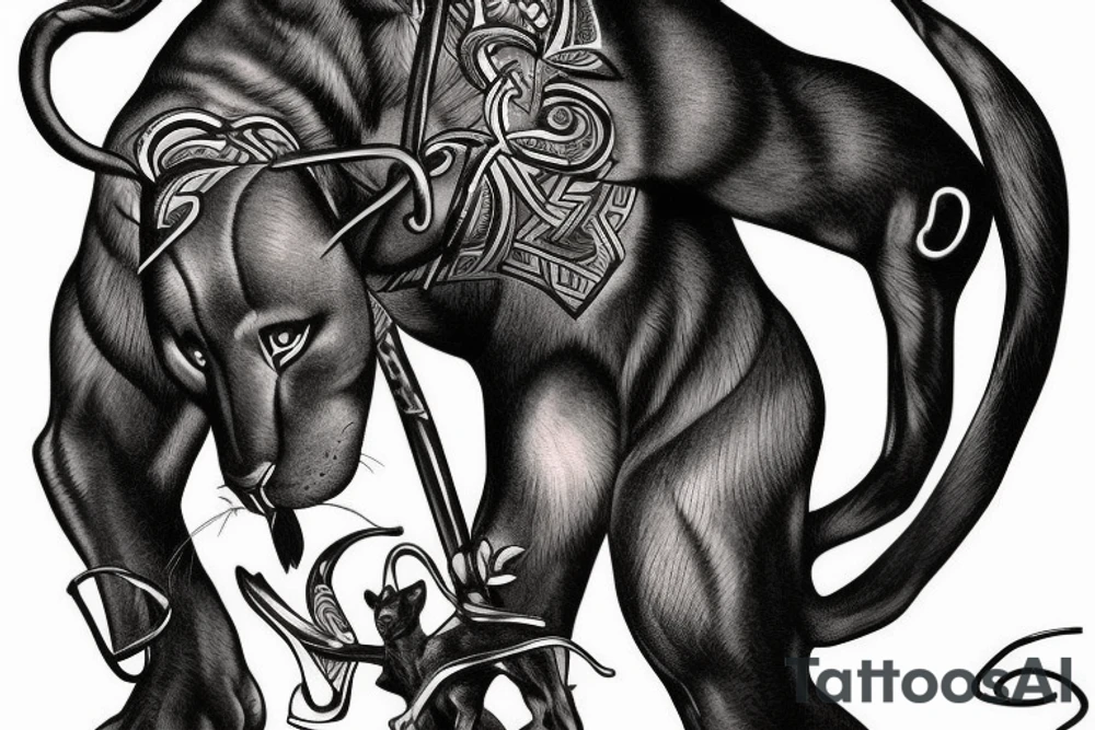 ONE black panther, designed realistic like the animal, showing full body sitting and holding a shepherd's crook in between its legs. tattoo idea