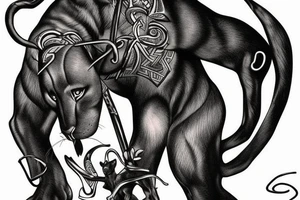 ONE black panther, designed realistic like the animal, showing full body sitting and holding a shepherd's crook in between its legs. tattoo idea