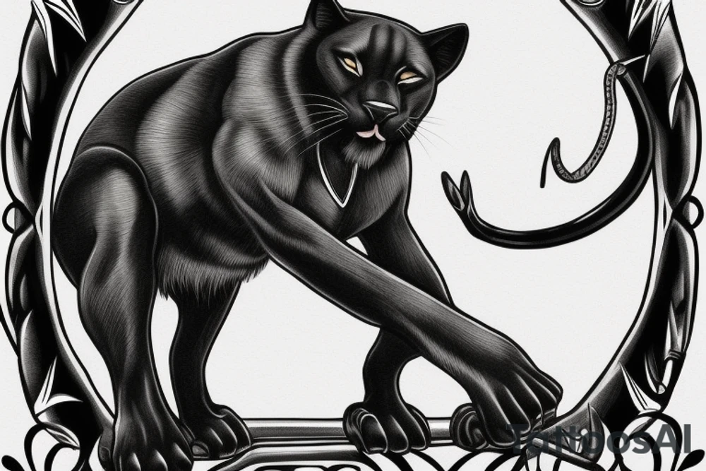ONE black panther, designed realistic like the animal, showing full body sitting and holding a shepherd's crook in between its legs. tattoo idea
