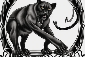 ONE black panther, designed realistic like the animal, showing full body sitting and holding a shepherd's crook in between its legs. tattoo idea