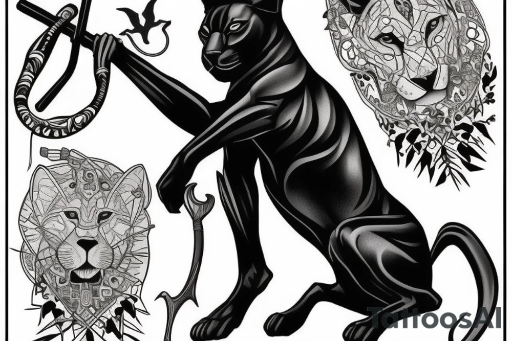 ONE black panther, designed realistic like the animal, showing full body sitting and holding a shepherd's crook in between its legs. tattoo idea