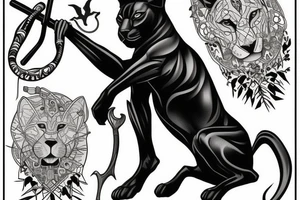 ONE black panther, designed realistic like the animal, showing full body sitting and holding a shepherd's crook in between its legs. tattoo idea