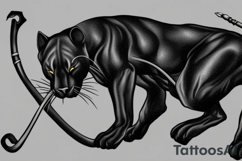ONE black panther, designed realistic like the animal, showing full body sitting and holding a shepherd's crook in between its legs. tattoo idea