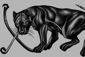 ONE black panther, designed realistic like the animal, showing full body sitting and holding a shepherd's crook in between its legs. tattoo idea