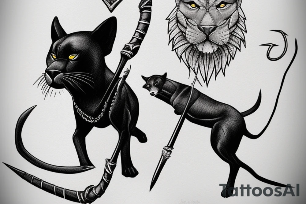 ONE black panther, designed realistic like the animal, showing full body sitting and holding a shepherd's crook in between its legs. tattoo idea