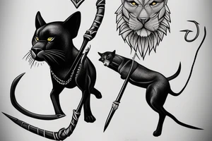 ONE black panther, designed realistic like the animal, showing full body sitting and holding a shepherd's crook in between its legs. tattoo idea