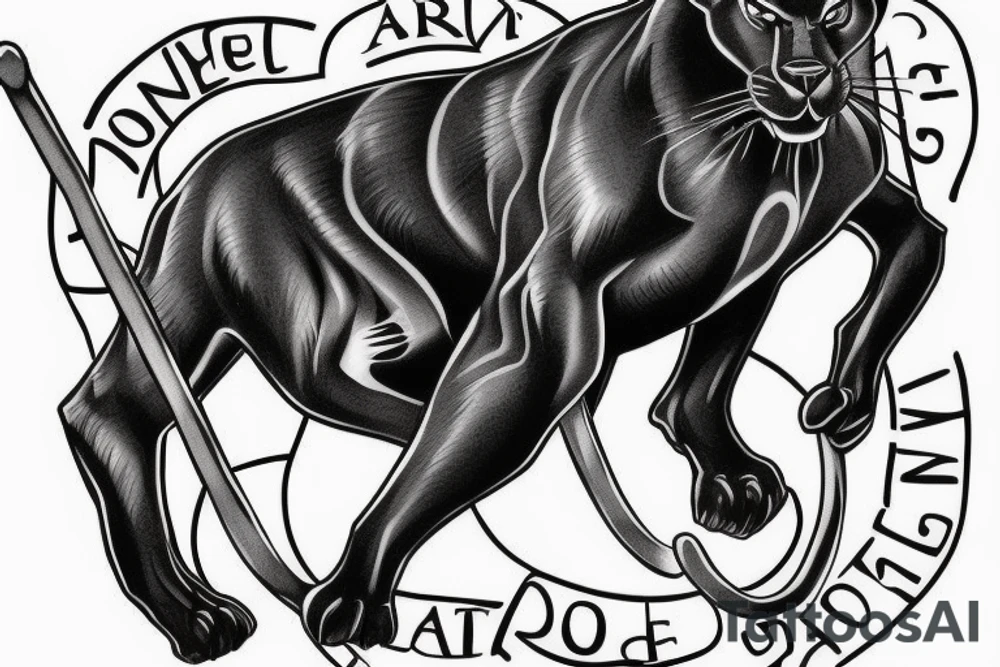 ONE black panther, designed realistic like the animal, showing full body sitting and holding a shepherd's crook in between its legs. tattoo idea