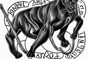 ONE black panther, designed realistic like the animal, showing full body sitting and holding a shepherd's crook in between its legs. tattoo idea